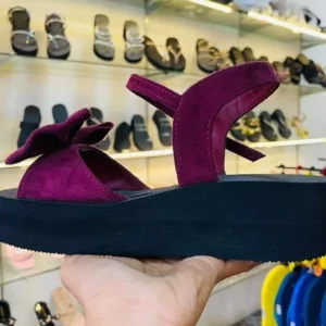 Plum Velvet Wedge Sandals with Floral Accent – Nishella Fashion