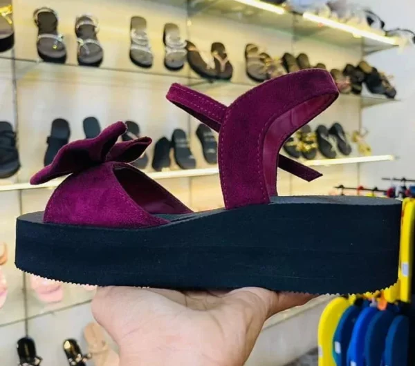 Plum Velvet Wedge Sandals with Floral Accent – Nishella Fashion